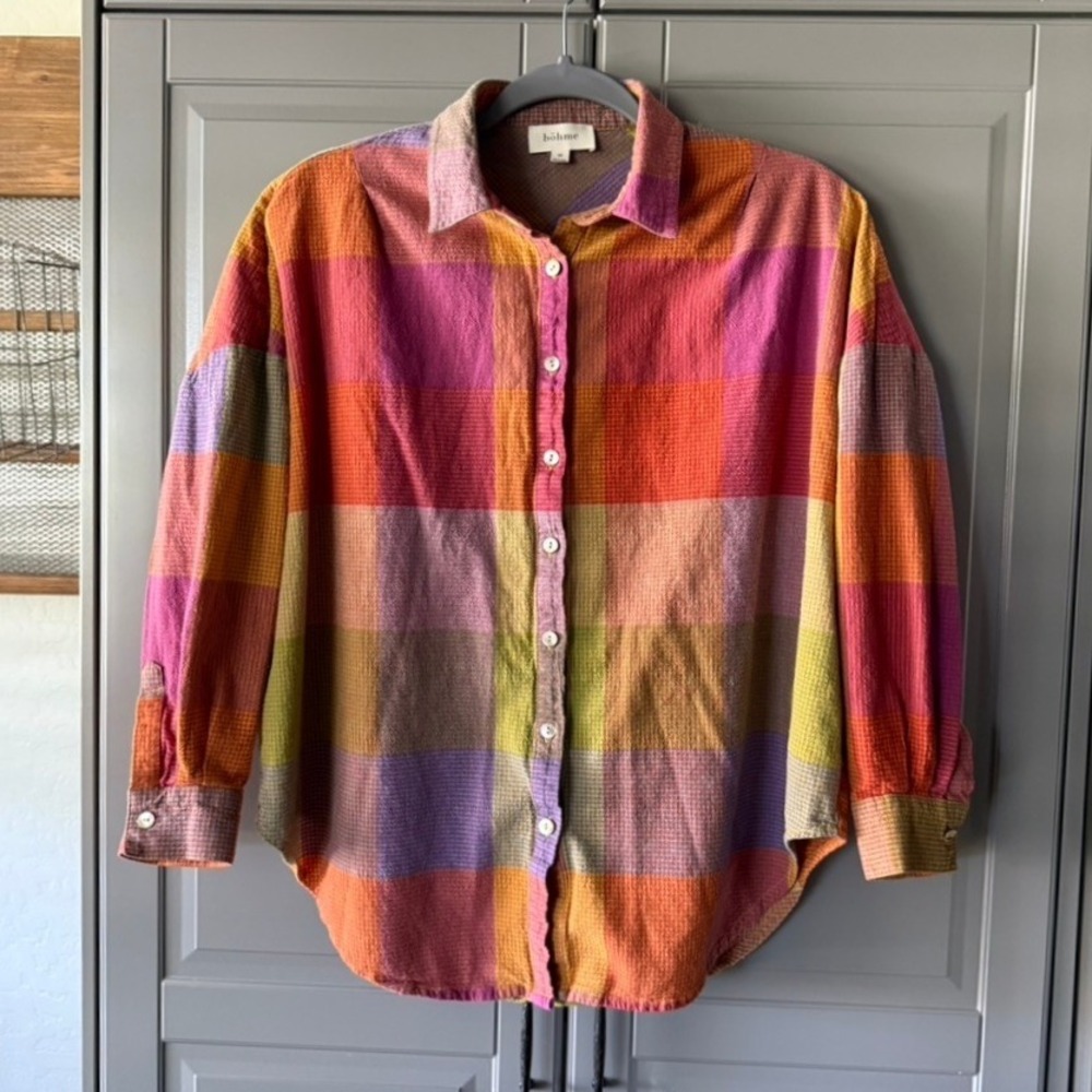 bohme Multicolor Plaid Button-Down Shirt - Pink, Orange, Yellow, Purple
